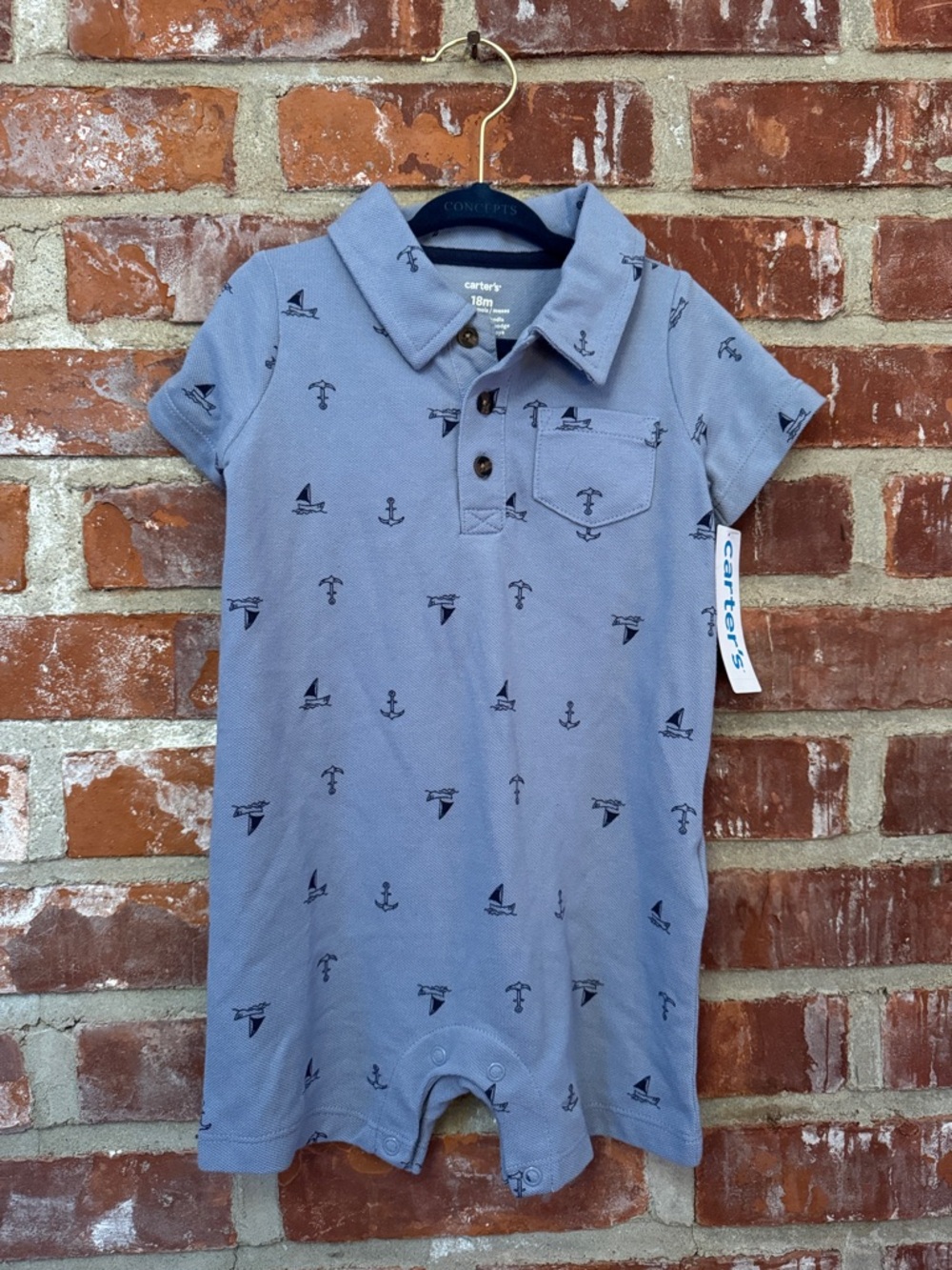Carter's Light Blue Polo Romper with Navy Nautical Motifs